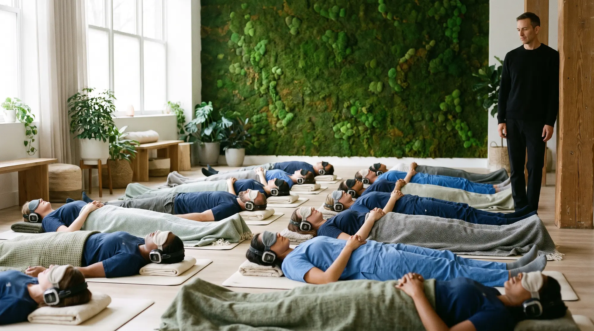 Firefighters and nurses lying on mats with eye masks and headphones in a calm studio with a living moss wall