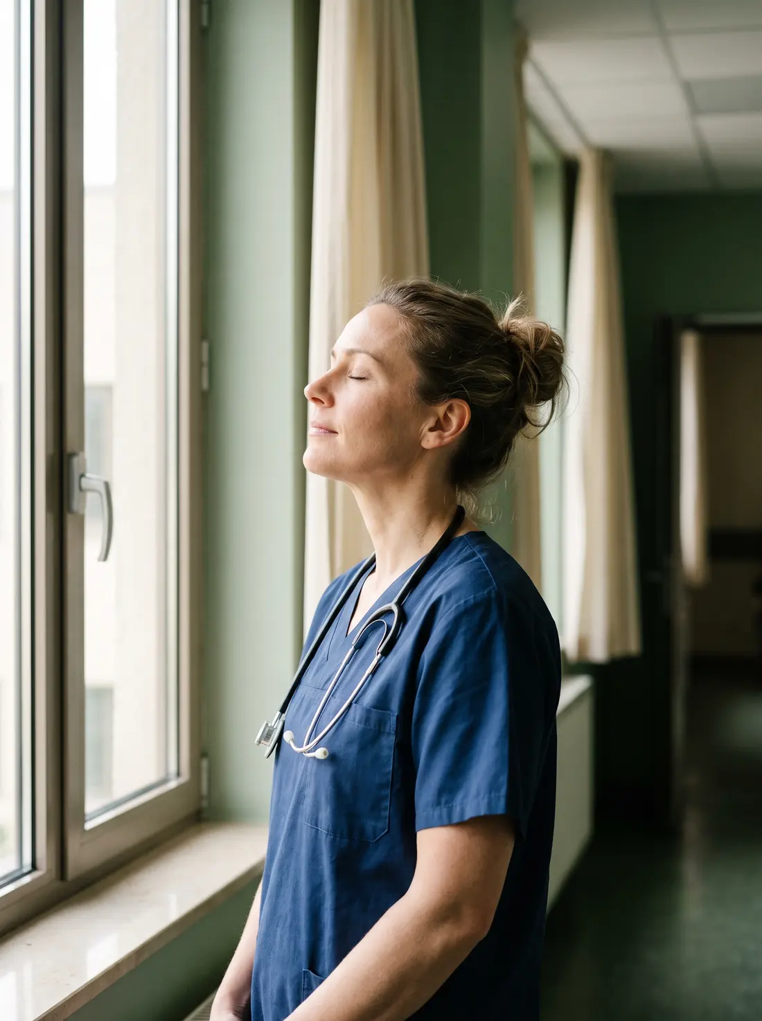 A nurse by a hospital window, eyes closed, taking a slow breath