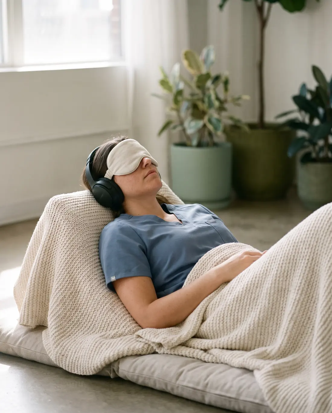A nurse resting with an eye mask and headphones under a blanket