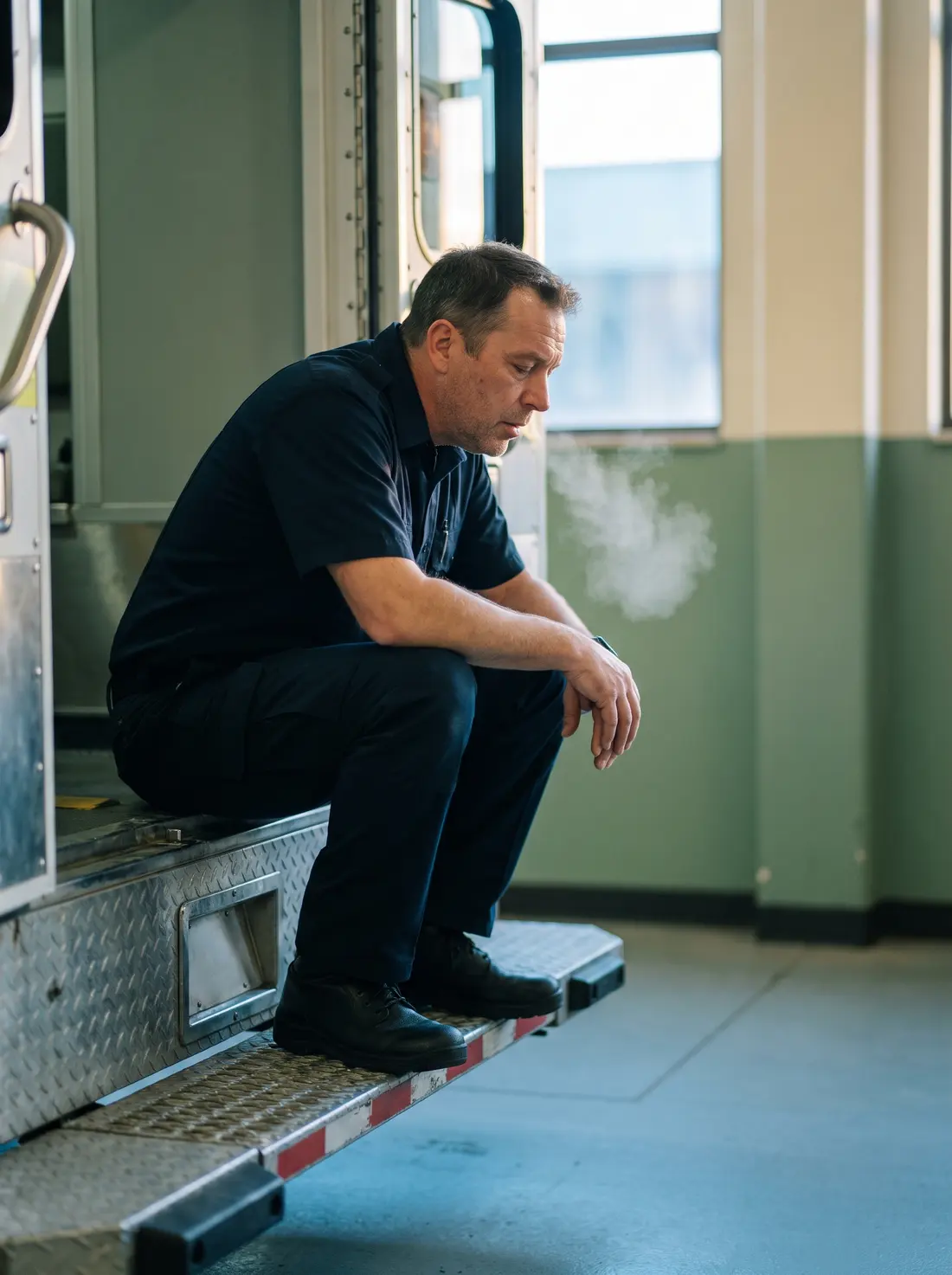A paramedic sitting on the back of an ambulance at dawn, eyes closed, breathing out