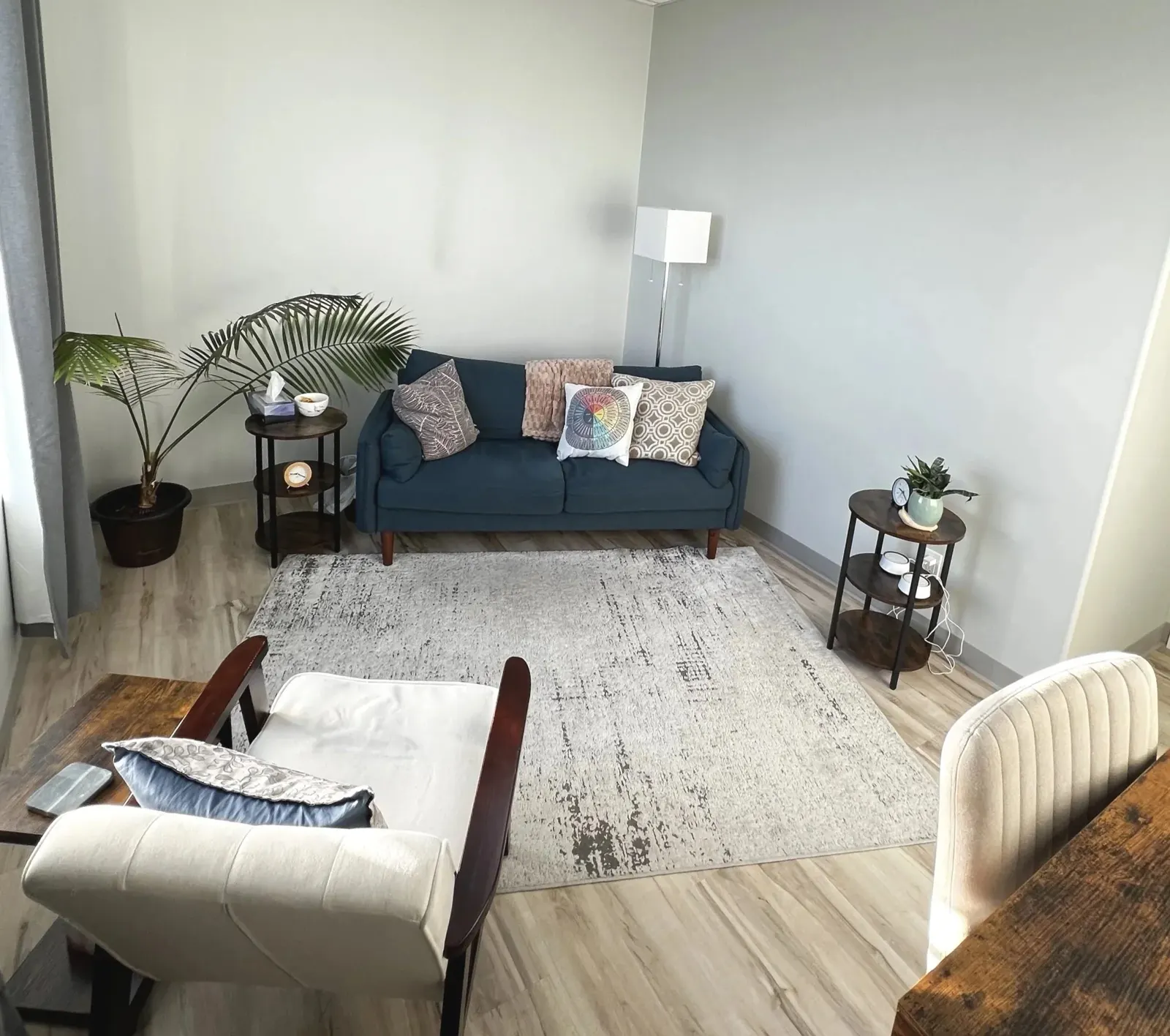 The Inspire counselling room with a sofa and plants