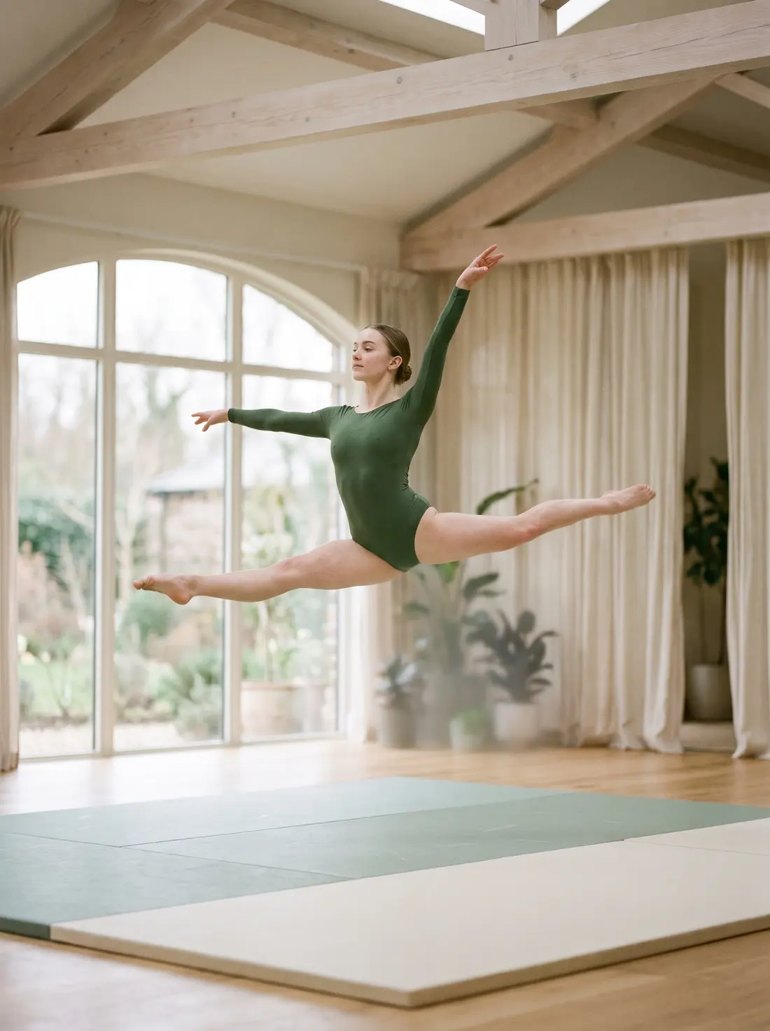A gymnast mid-leap in a bright training gym