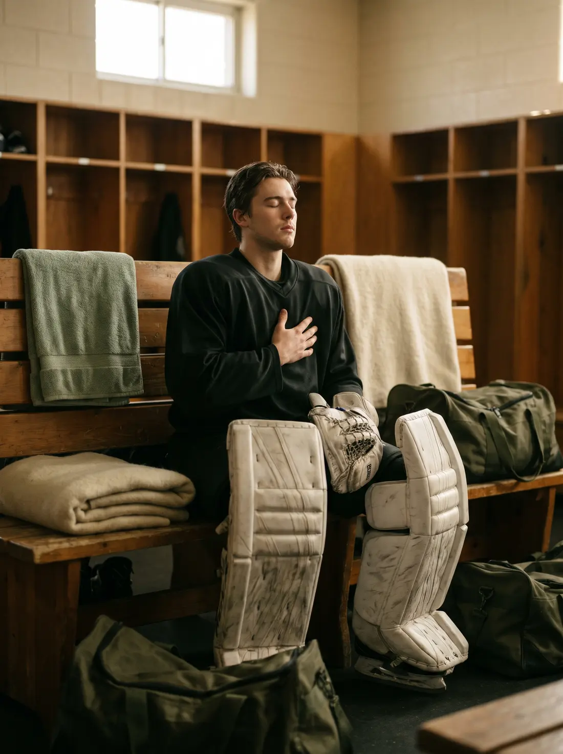 A hockey goalie breathing slowly in the locker room before a game