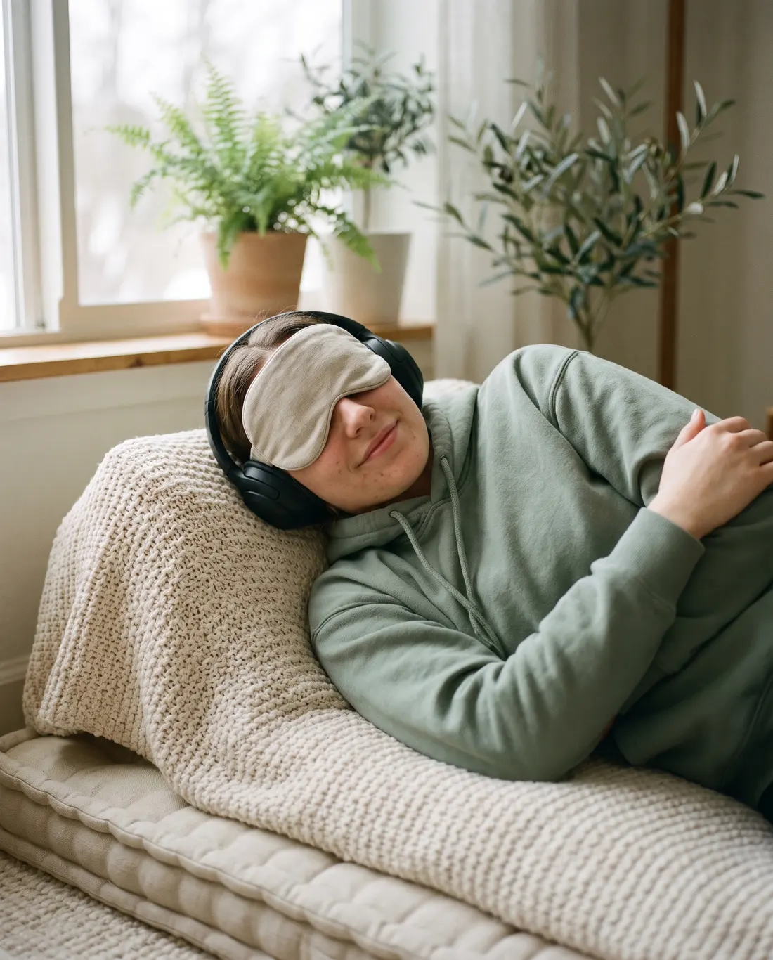 An athlete resting with an eye mask and headphones