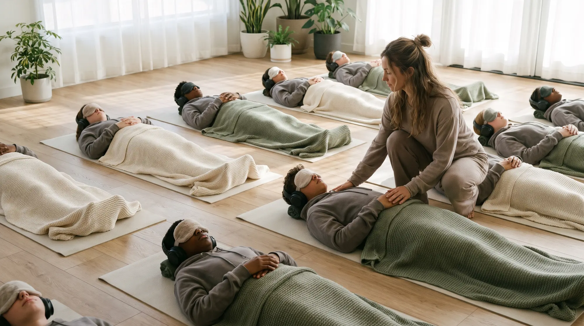 A youth sports team lying on mats with eye masks and headphones during a guided breathwork session
